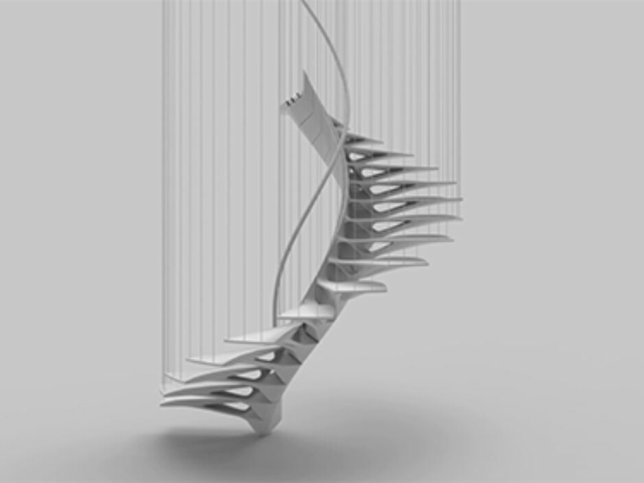 A floating concrete staircase hanging on wire ropes and reminiscent of a twisted spine against a light background.
