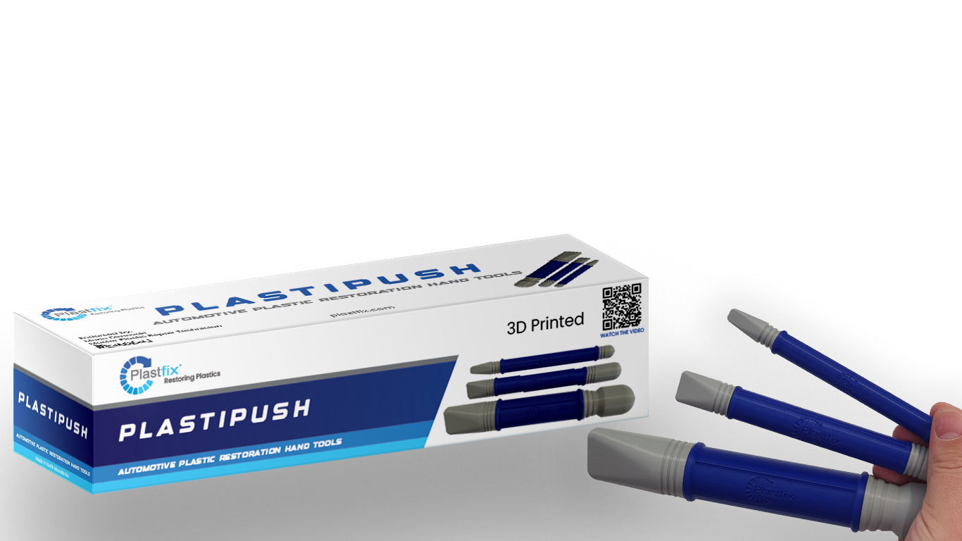A white and blue box of Plastipush hand spikes and a hand holding three Plastipush hand spikes of different sizes.