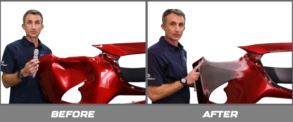 A before and after picture. Left: A red, dented car bodywork part and a middle-aged white male with gray hair holding Plastipush hand spikes. Right: Part restored with the Plastipush handspikes.