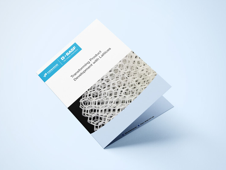 Whitepaper floating slightly backwards in front of a light background with the BASF logo and an image of a white lattice structures on a black background.